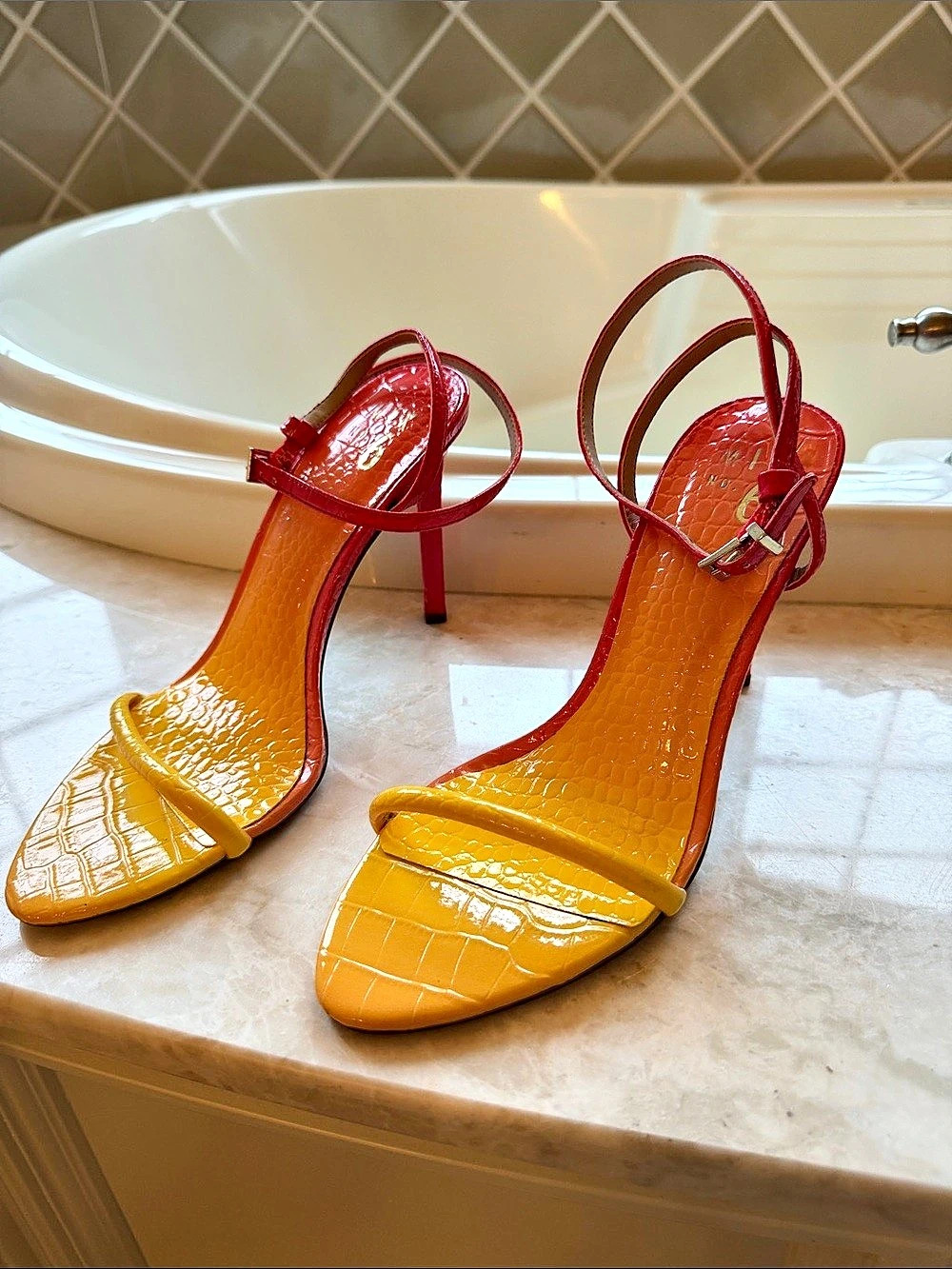 Two-Tone Strappy Heels in Yellow & Coral